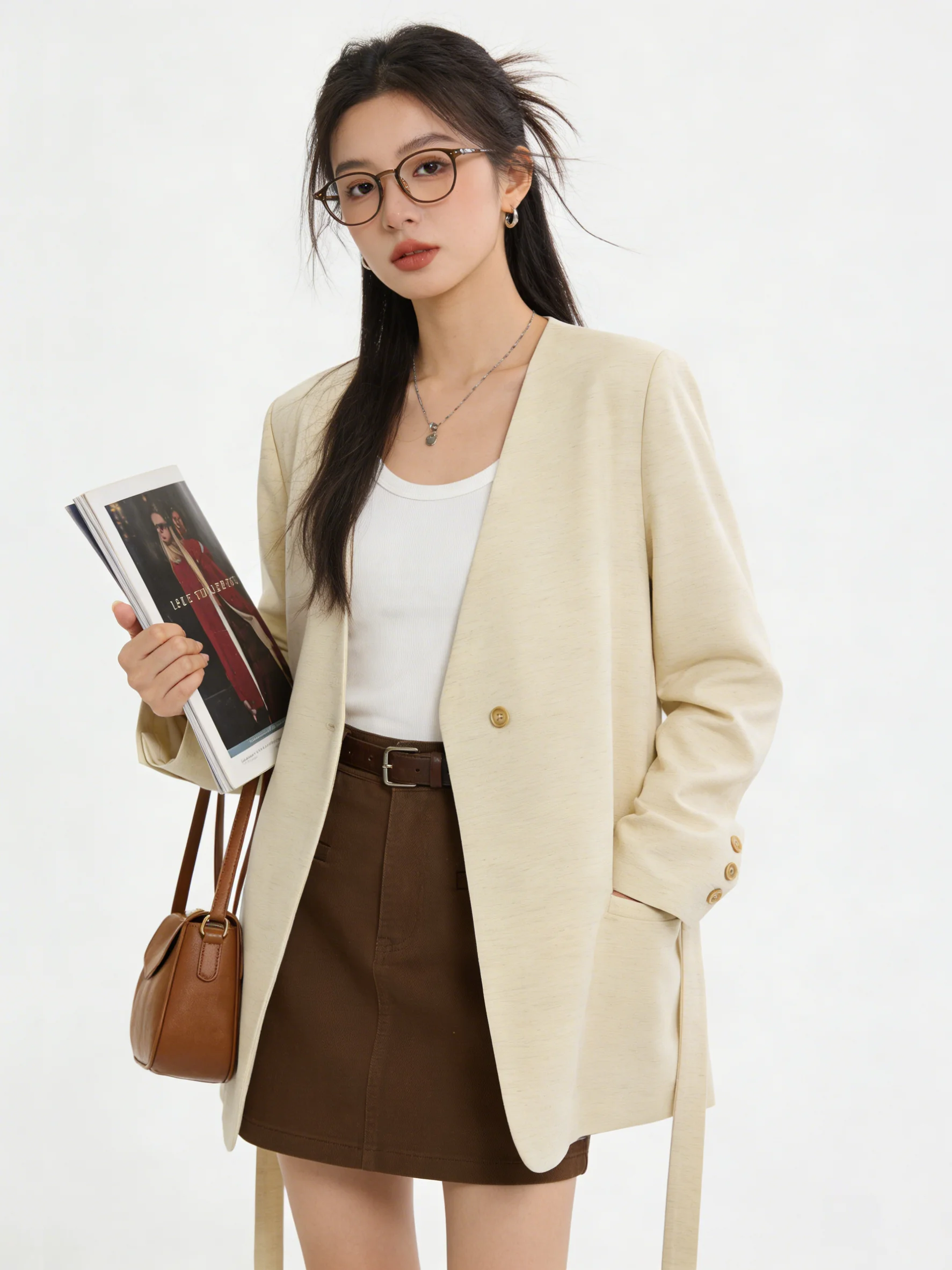 

Chic Korean Style Long Sleeve V-Neck Suit Jacket Women's Commute Professional Early Spring Career Women's Fashion Outerwear