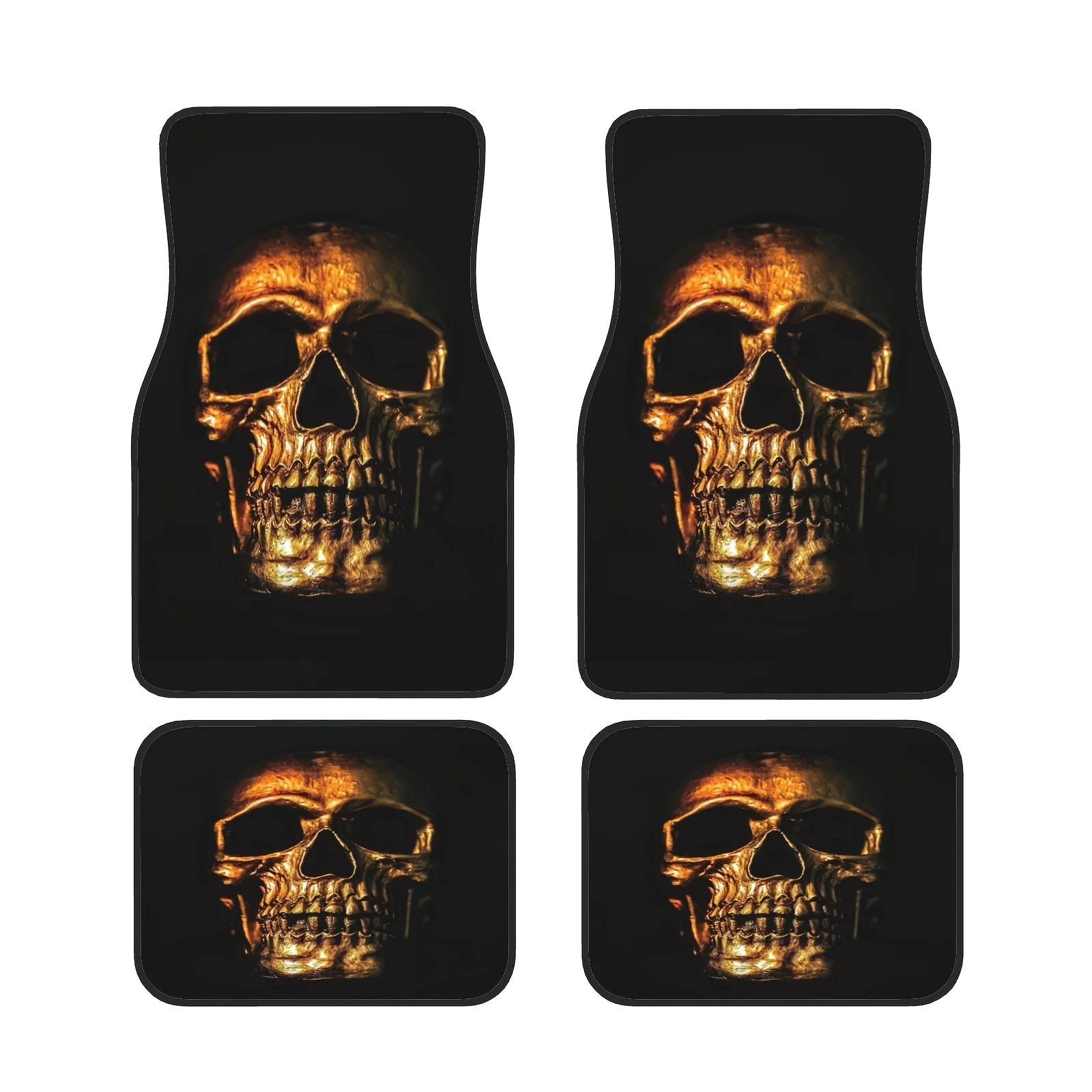 Halloween Theme Golden Skull Printed Floor Mat 4pcs Set, 2 Large 2 Small Sizes, All-Season Universal Trendy Car Interior Decor