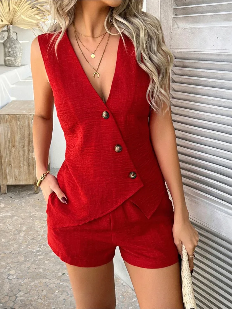 

Summer Simple Casual Solid Color Shorts Set New Women's Fashion Holiday Style Button Cardigan V-neck Vest Shorts Two-piece Sets