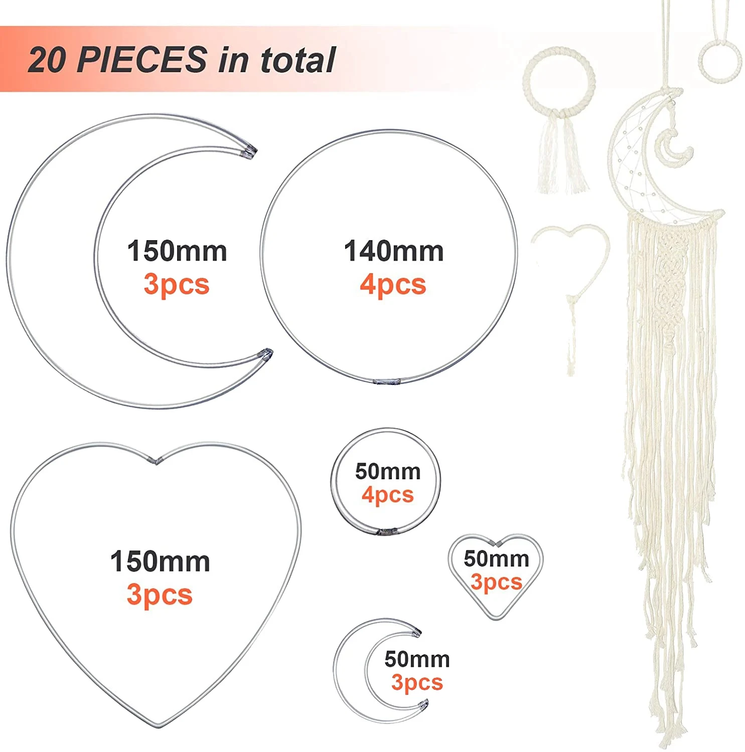 N10R-20 Pieces Metal Dream Catcher Rings Heart Moon Shaped Rings Macrame Hoop Rings For DIY Crafts Wreath Wall Hanging Decor
