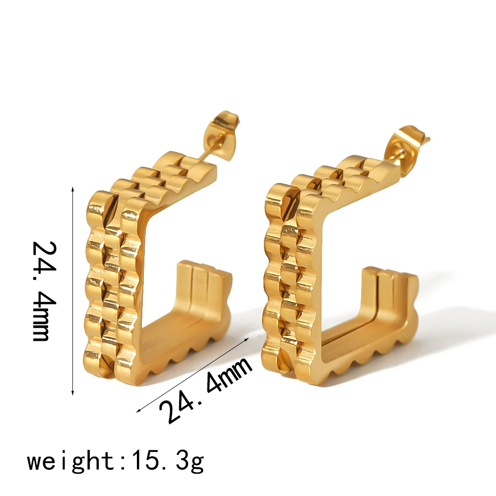 Heiß begehrte klobige quadratische geometrische Ohrstecker, 18K vergoldet, Edelstahl-Uhrenarmband-Ketten-Creolen, Schmuck – Detail 4