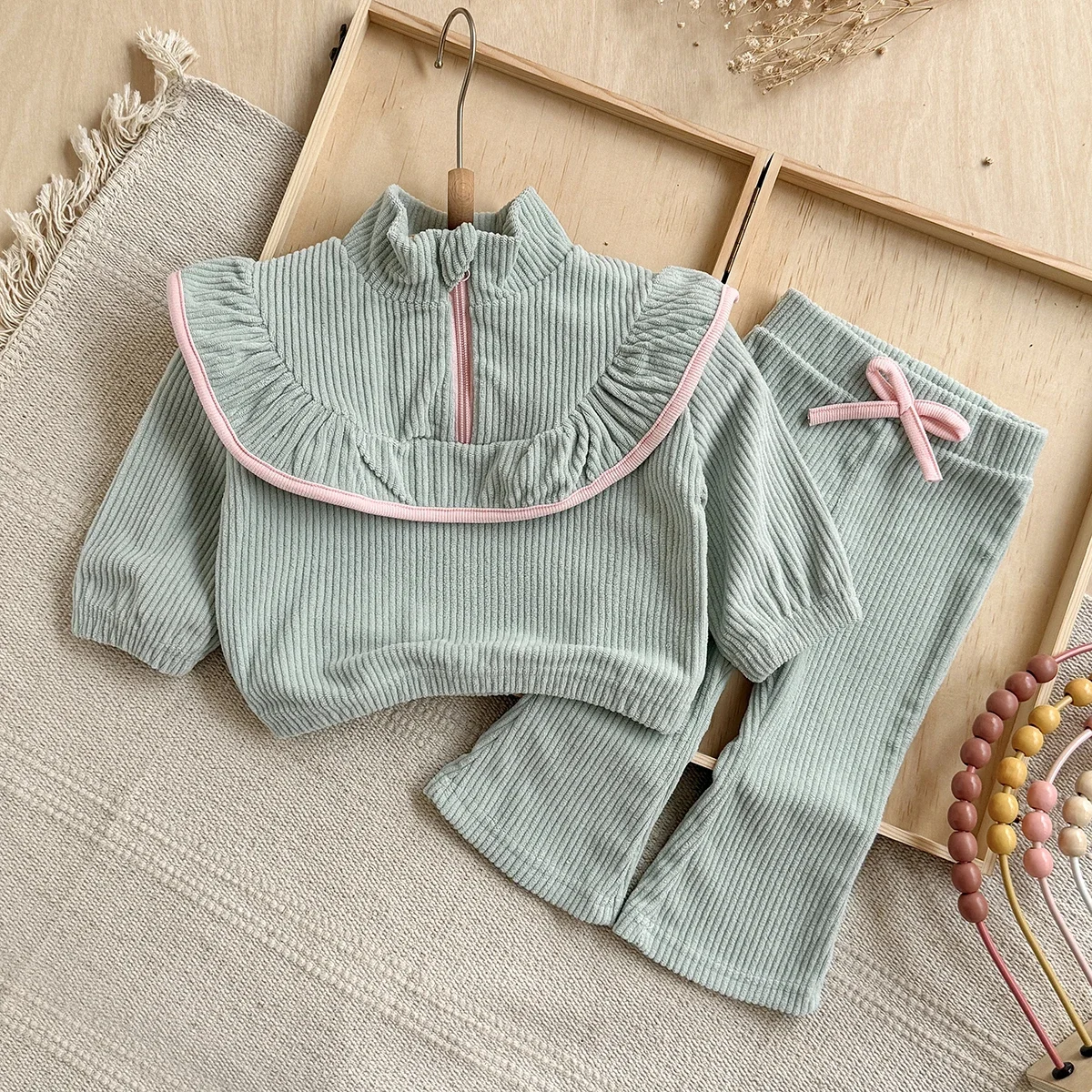 Baby Girl Mint Green Ribbed Lounge Set Half Zip High Neck Ruffle Top Flare Pants with Bow Soft Casual 2Pcs Outfit for Daily Wear