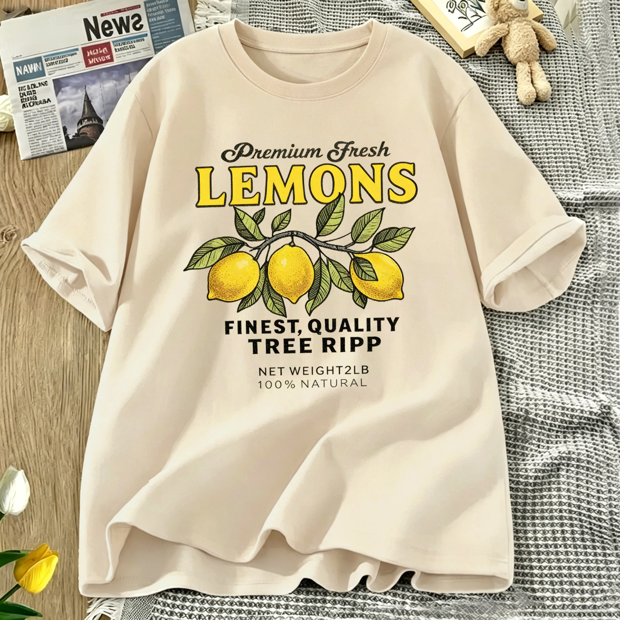 Premium Fresh Natural Lemons Printing Women T-Shirt Summer Tee Shirts O-Neck Casual Short Sleeve Hip Hop Cotton Streetwear
