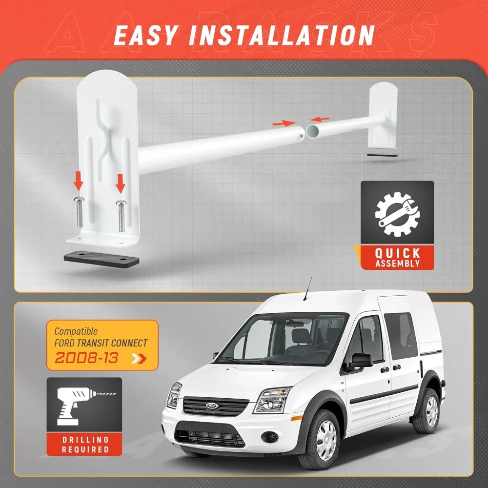 Utility Van Roof Ladder Rack System for Ford Transit Connect 2008-2013, Steel 2 Bar Design, Matte White Finish, Drilling Require
