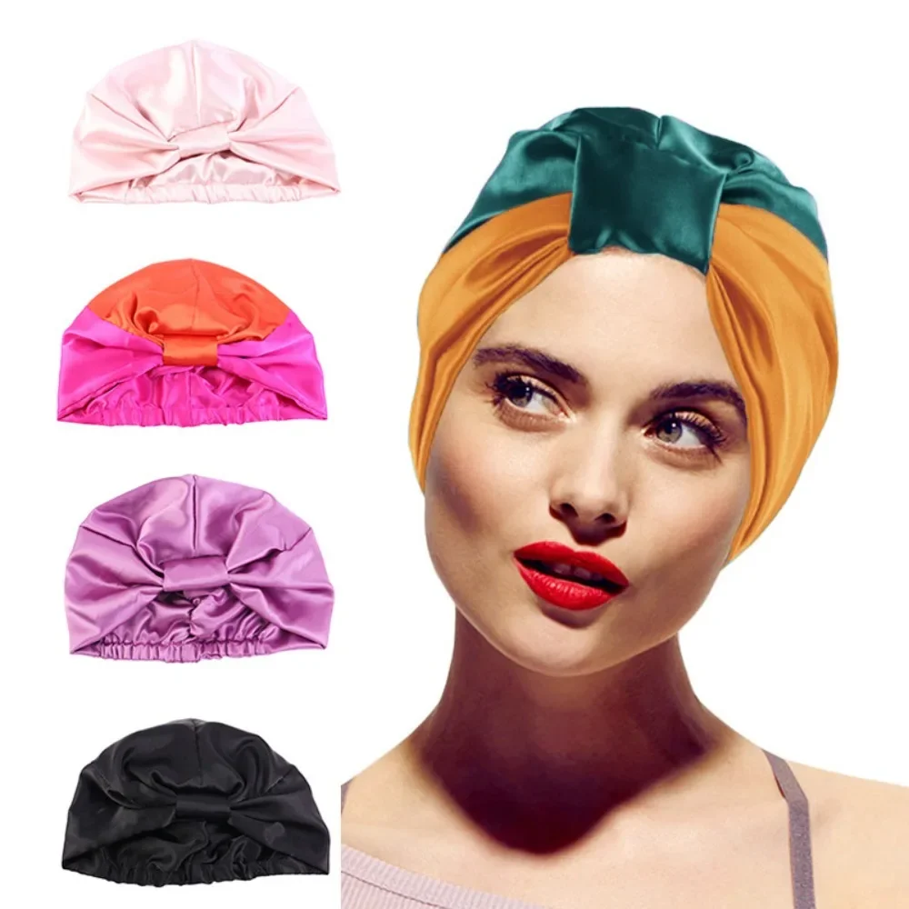 1PC Muslims Fashion Elastic Satin Turban Hair Women Silk Two-color Splicing Wrap Head Cap Lady Sleeping Hat Female Mujer Bonnets