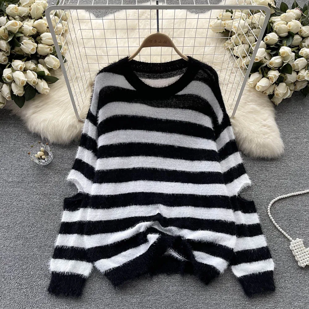 

Casual Retro Striped Knitted Sweater For Women Korean Style Loose O-Neck Ripped Hole Sweaters Autumn All-Match Pullovers