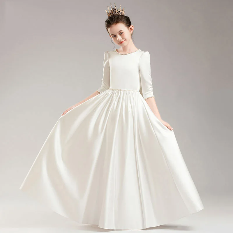 

It's Yiiya Customized Ivory Satin Beads Flower Girl Dress O-neck Half Sleeves Zipper Bow Gather A-line Floor Length Kids Gowns