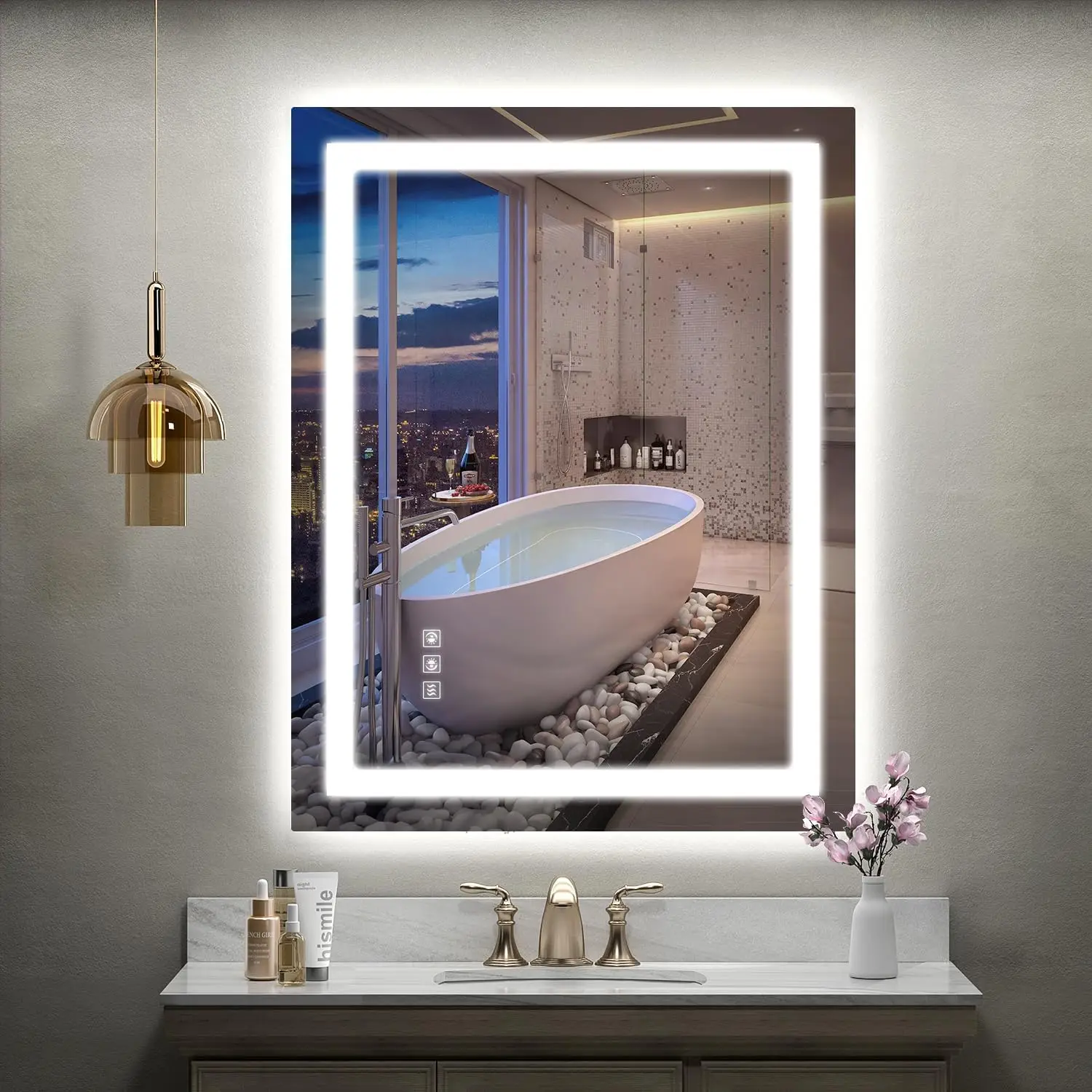 

,28x36 Inch Backlit + Front Lighted Bathroom Vanity Mirror with Lights for Wall