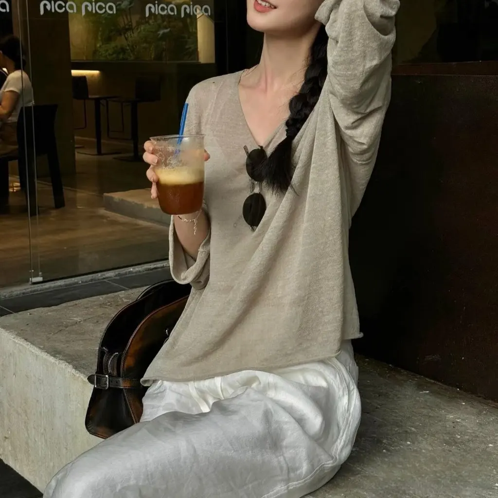 

Легкий льняной трикотаж в ленивом стиле с v-образным вырезом, утягивающий вид, защита от солнца, универсальная праздничная одежда для женщин