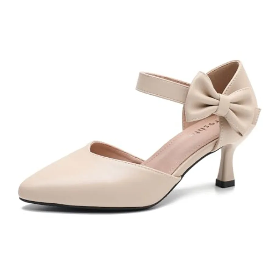 

fereshte Women's Pointed Toe Bow Ankle Strap Kitten Heel Pumps, D'Orsay Style Dress Shoes