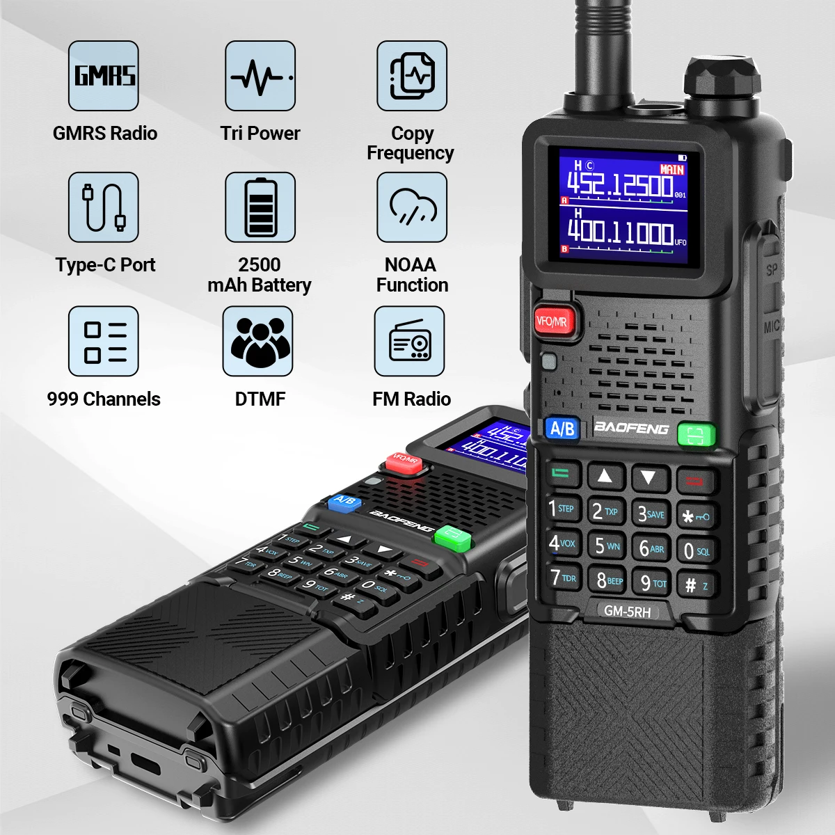 2PCS 바오펑 GM-5RH GMRS 무전기 3800mAh 배터리 타입-C 999CH NOAA UV-5R UV-5RH 5RM 햄 라디오 (사냥, 하이킹용)