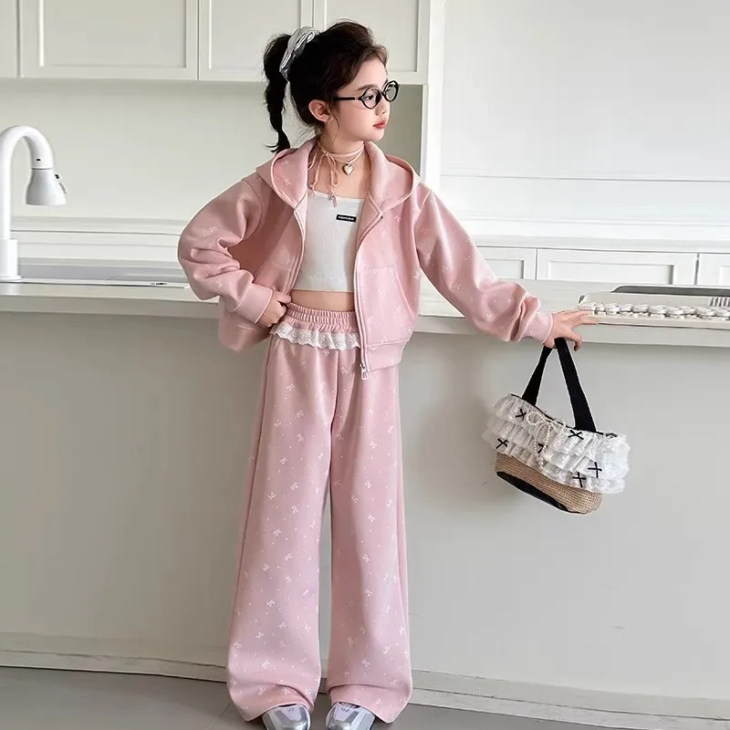2pcs 2026 winter autumn Teens Clothes Children Set bow tracksuit top hooded jacket + loose wide leg Pant suit 4 7 8 10 12 year