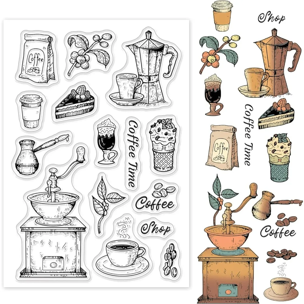 Transparente Vintage-Stempel, transparenter Silikon-Stempel, Kaffeebohnen, Kaffee, Dessert, Handkaffee für Kartenherstellung, Dekoration und Heimwerken