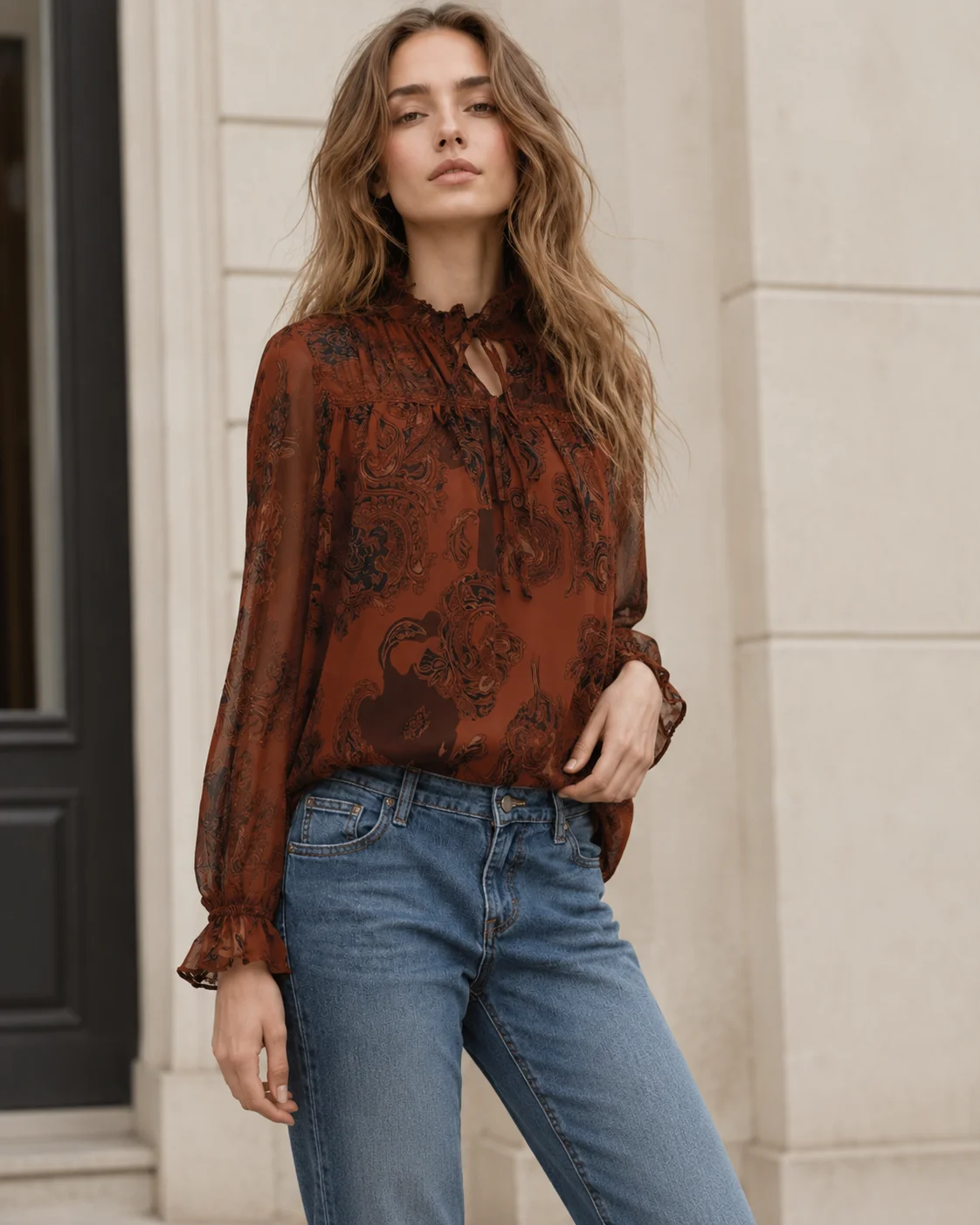 2026 Autumn New Collection Paisley Retro Print Stand Collar Tie Chiffon Shirt Ruffled Lantern Long Sleeve Top Plus Size Women's Casual Commuter Wear Product Details image 2