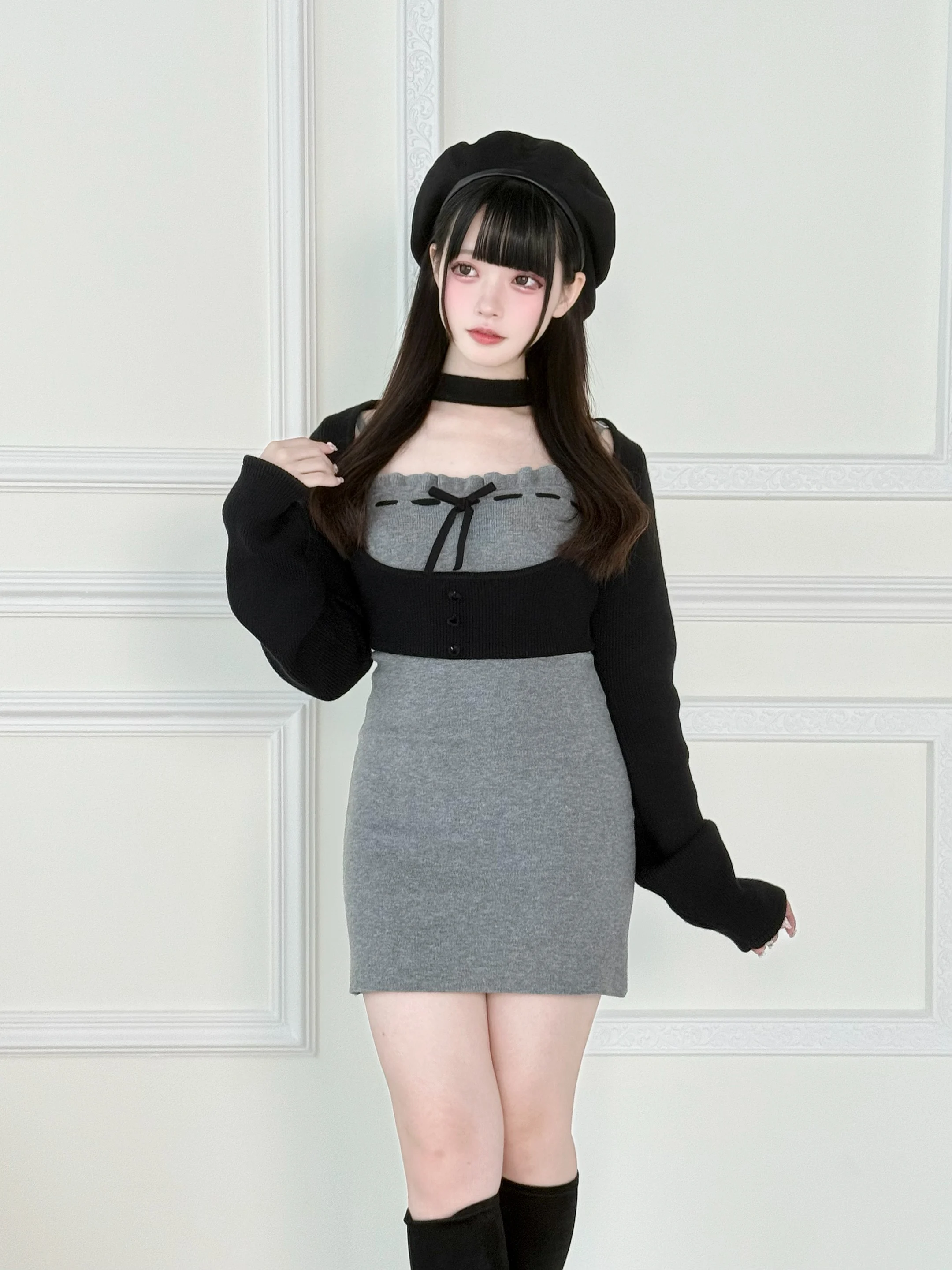 Estilo japonês original produzido em massa camisola de manga longa vestidos sem mangas conjunto de duas peças para mulher bodycon vestido curto outono