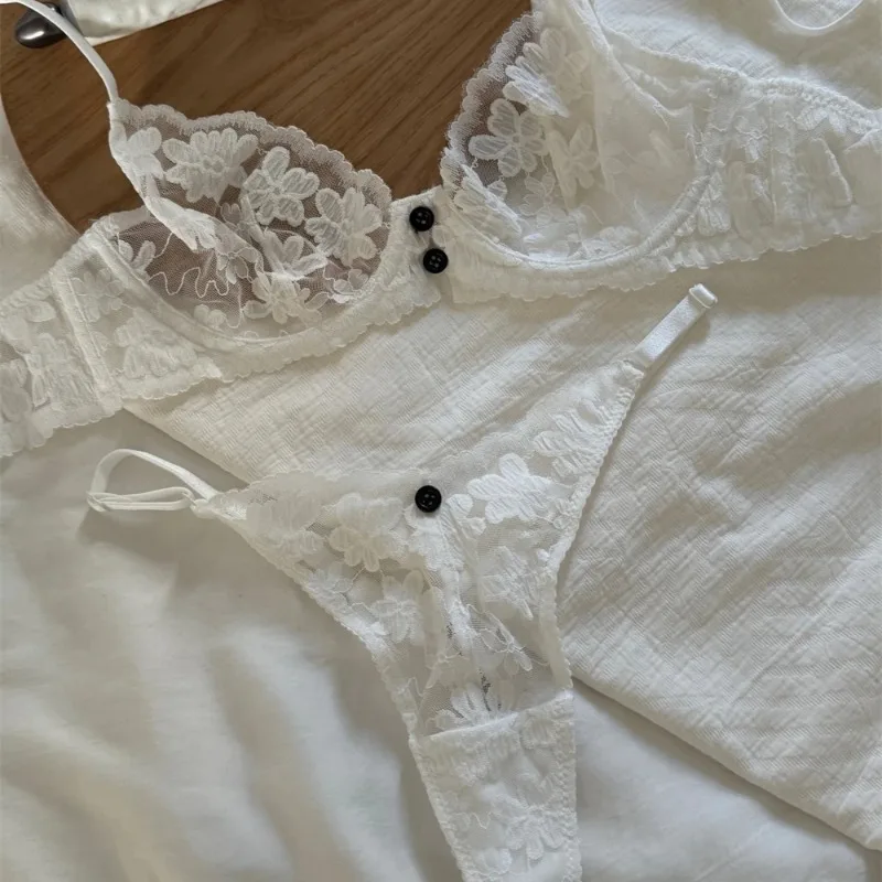 Sexy Lace Flowers Embroidery Lingerie Set for Women Ultra Thin Breathable Bra Button Decoration Underwear French Bras Thong Sets view 5