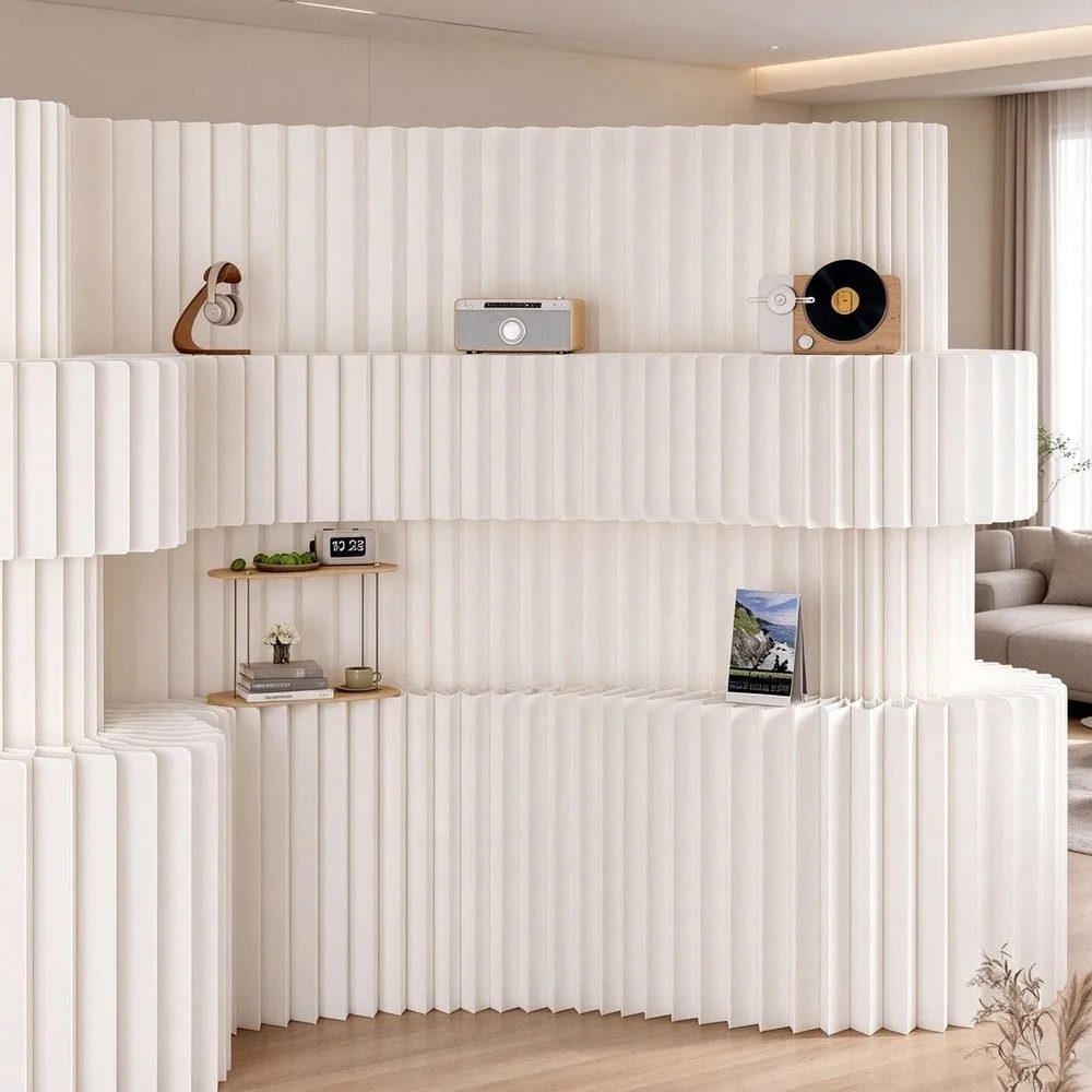 Paper Room Divider with Shelves Retractable Wall Divider Accordion Room Partition Folding Decorative Privacy Screen for