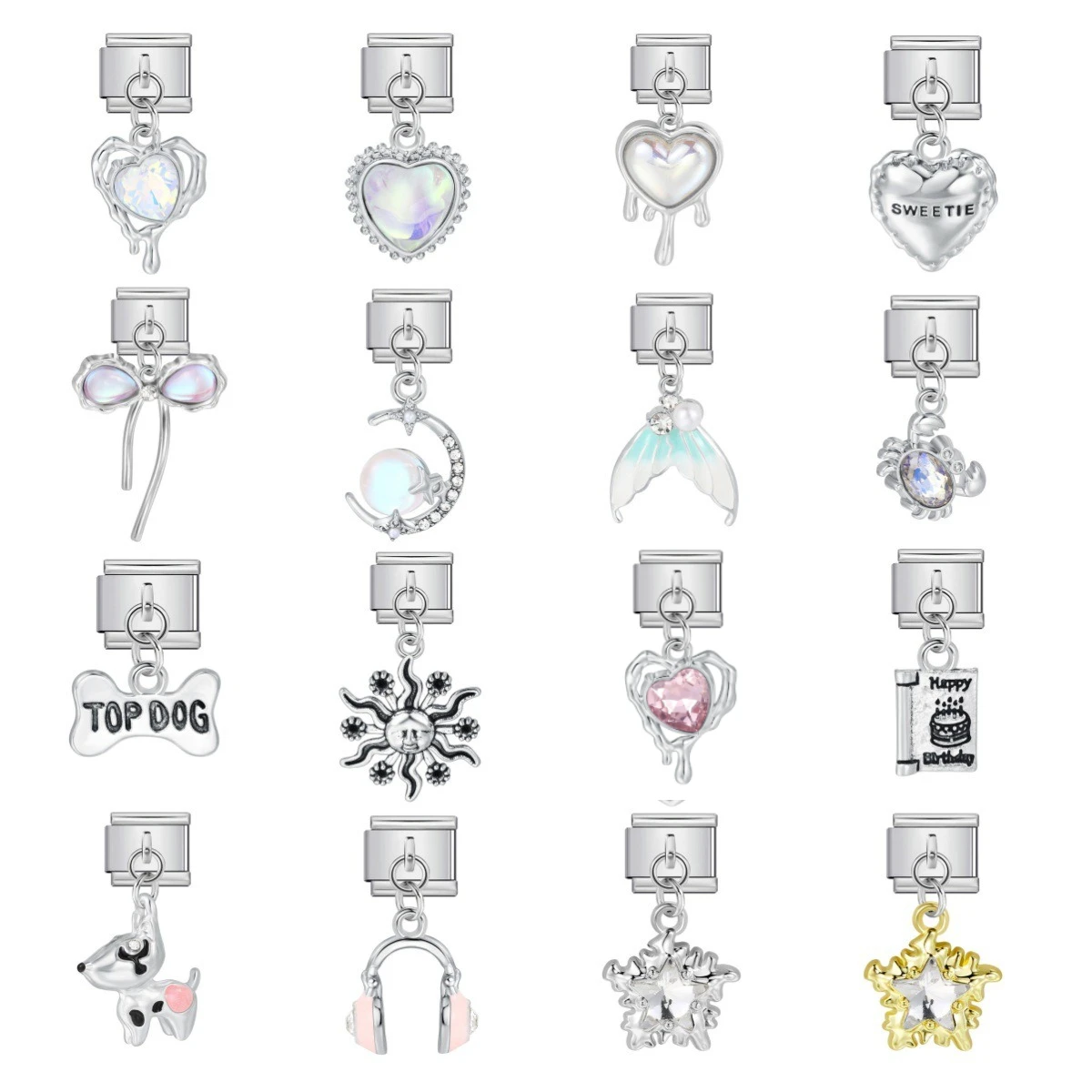 9mm Italian Dangle Charms Link Stainless Steel Heart Mermaid Tail Moon Dog Pendant DIY Modular Bracelet Jewelry DIY Accessories