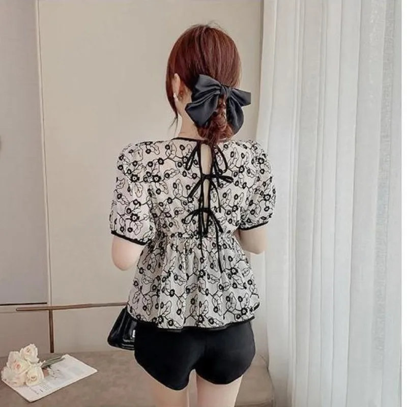 Women\'s 2024 Summer New Pullover O-Neck Patchwork Printing Folds Fashion Comfortable All-match Short Sleeve Blouses Shirts