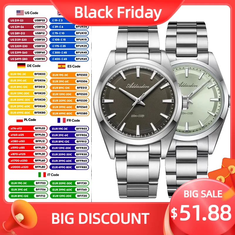 ADDIESDIVE Simple AD2066 Men Watch Bubble Mirror Glass Stainless Steel Diver Quartz Watches BGW9 Luminous New Relogios Masculino