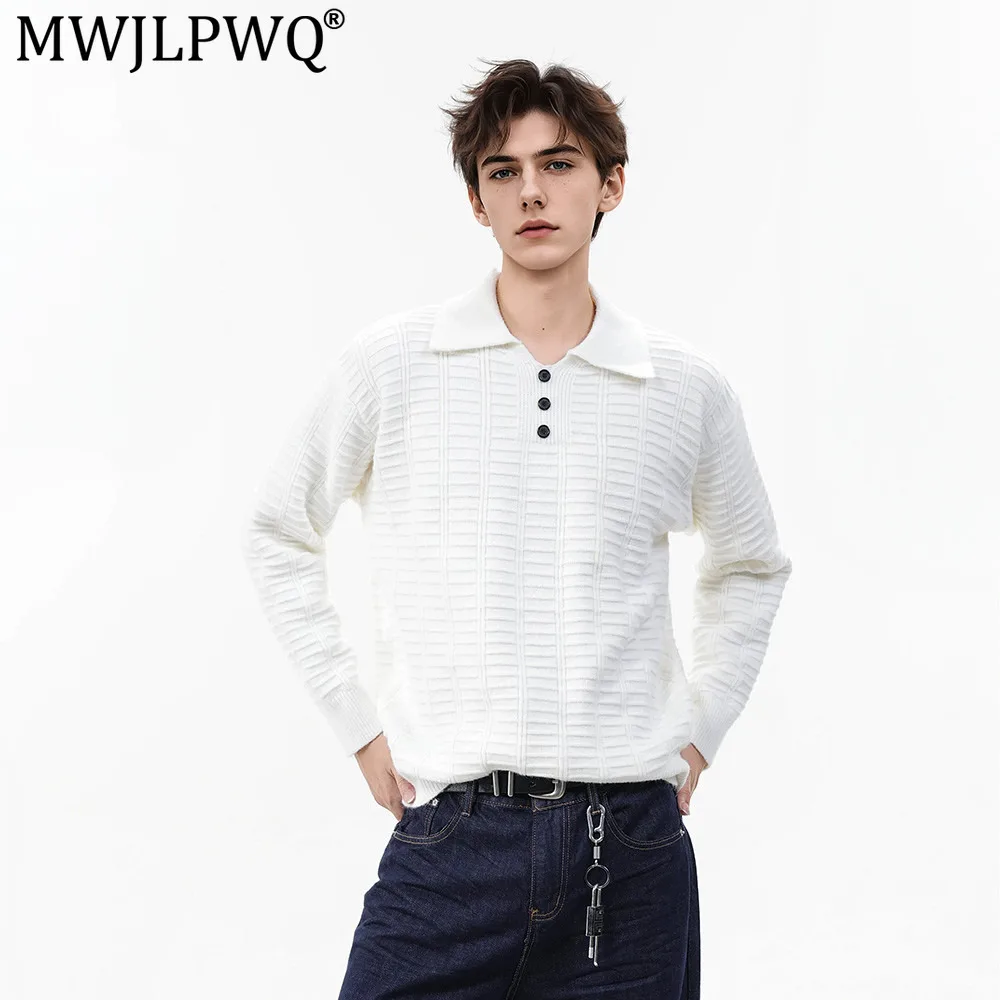 MWJLPWQ Textured Solid Color Long-Sleeve Knitted Polo Shirt For Men American Trendy Cleanfit Versatile Tops Spring Autumn 20907