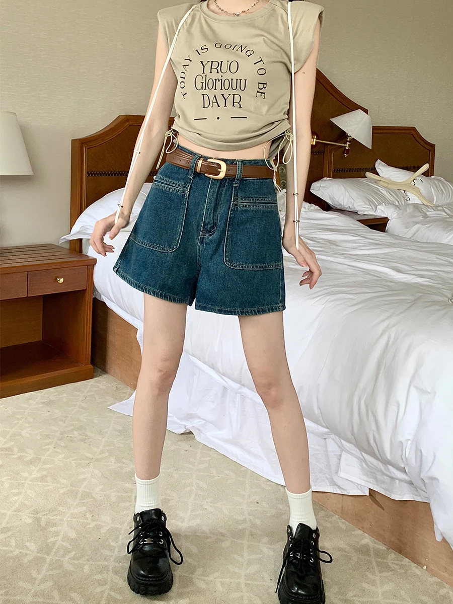 

Джинсы-шорты женские летние с высокой талией, широкими штанинами, свободного кроя, прямого силуэта, в стиле ретро, из тонкого денима