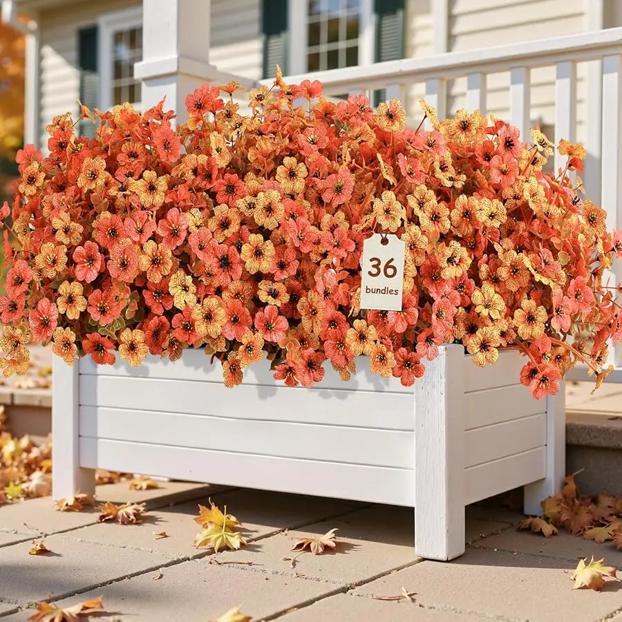 

36 Bundles Artificial Fall Mums Flowers for Outdoors Decoration, UV Resistant Silk Violet and Faux Eucalyptus Autumn Fake Plants