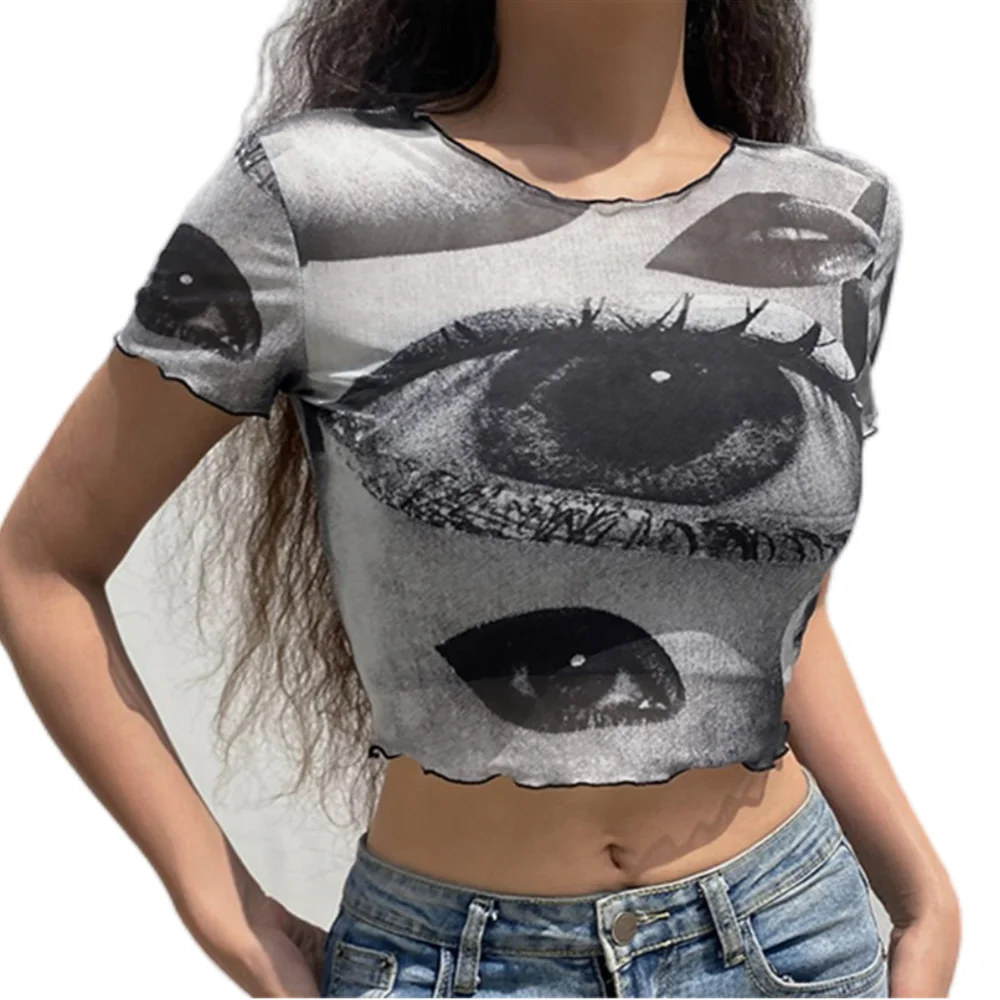 Women Sexy Eye Print Camis Crop Top Casual Tank Tops Vest Sleeveless Streetwear High Street Tee Shirt