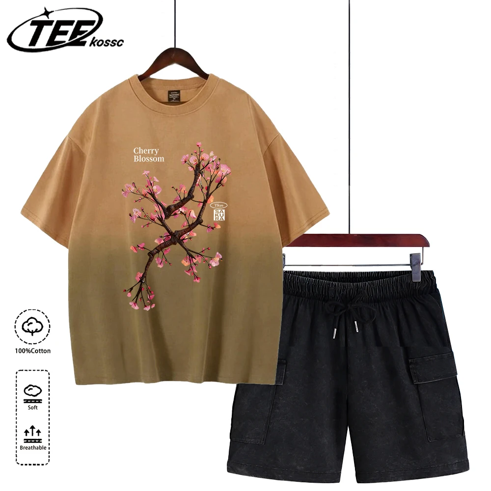 

Мужская футболка с красивым узором в виде цветов сакуры, летние хлопковые шорты, новая дышащая одежда в стиле ретро, универсальные топы