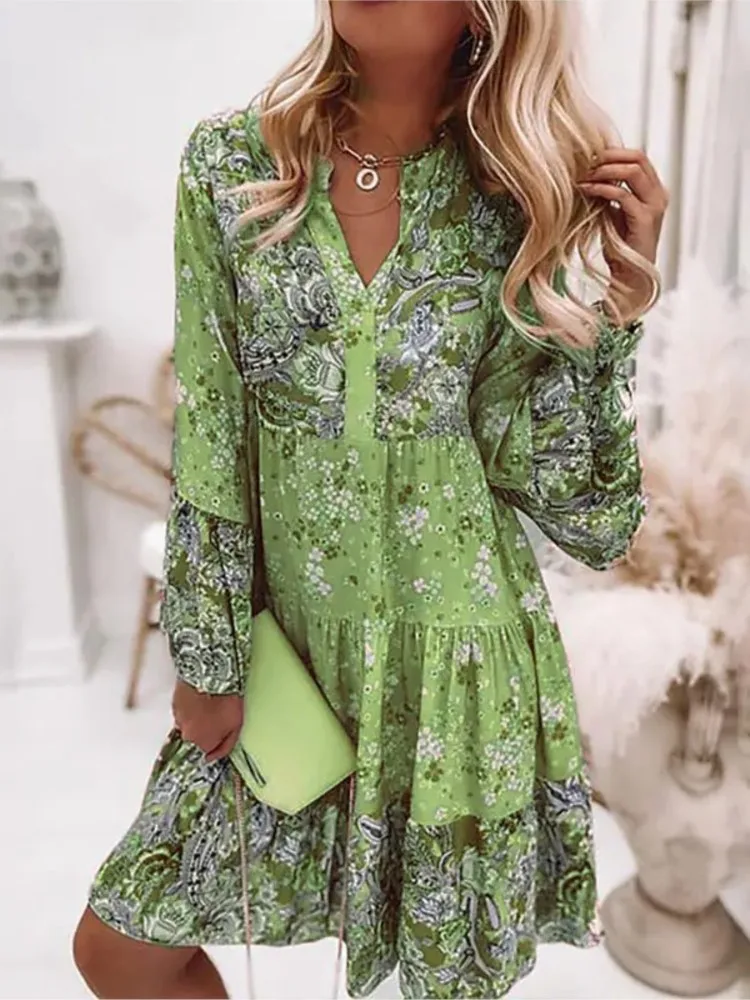 Women Floral Print Midi Dress Elegant Pleated Flare Sleeve Casual Dresses Female V Neck Loose Bohemian Beach Holiday Dresses