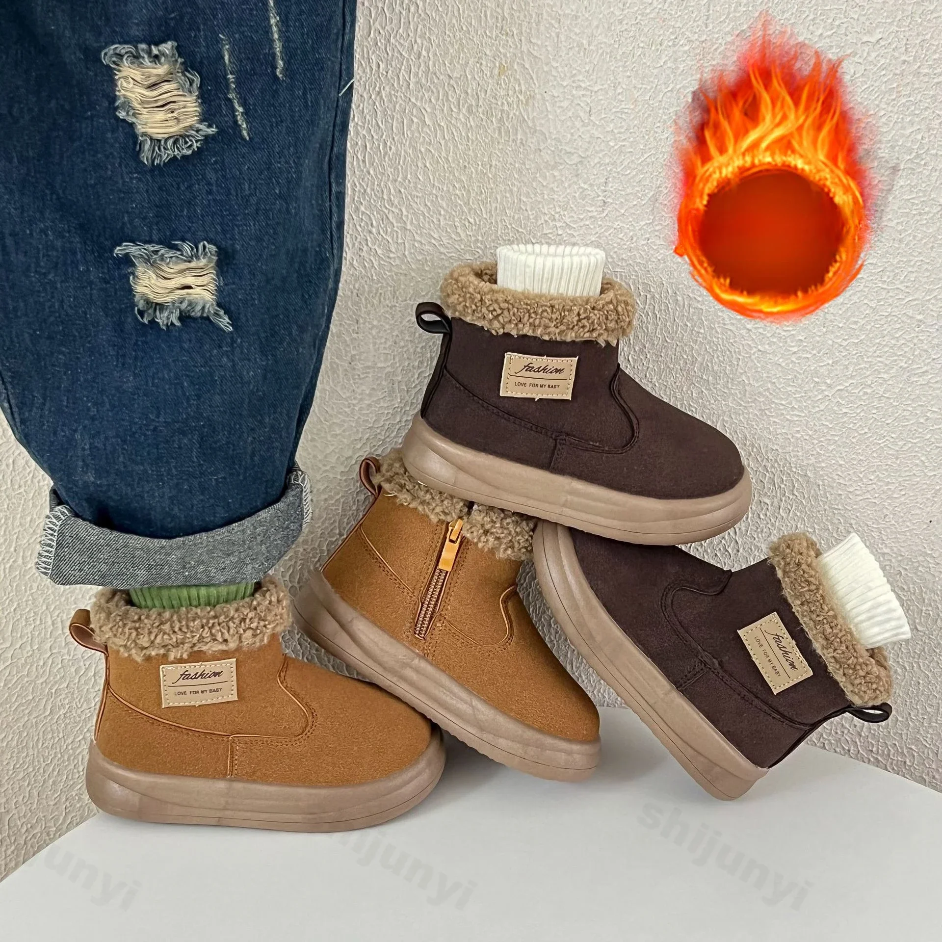 Boys Girls Snow Boots Kids Suede Leather Resistant Outdoor Winter Shoes Fur Lined Warm Slip on Ankle Booties Botas Para Niñas