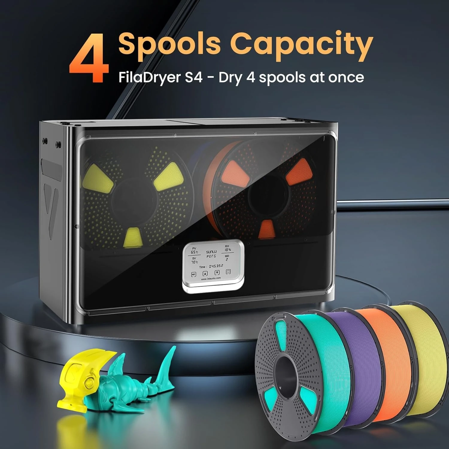 

Official 3D Printer Filament Dryer S4, 4 Spools Capacity, 3 Circulation Fans, 350W PTC Heater, 70℃ Max Temperature