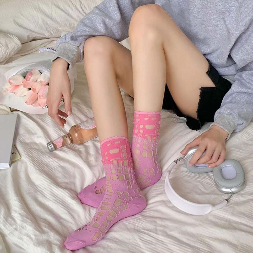 Fashion Glass Silk Ripped Tube Socks Color Blocking Breathable Hollow Mesh Socks Stockings Hosiery Women's Socks Female