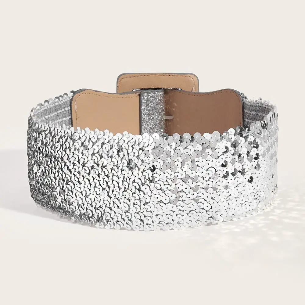 معدن مربع مشبك Blingbling الترتر Cummerbunds لامعة الكورية نمط مطاطا Cummerbunds الخصر إغلاق معطف حزام حزام عريض #2