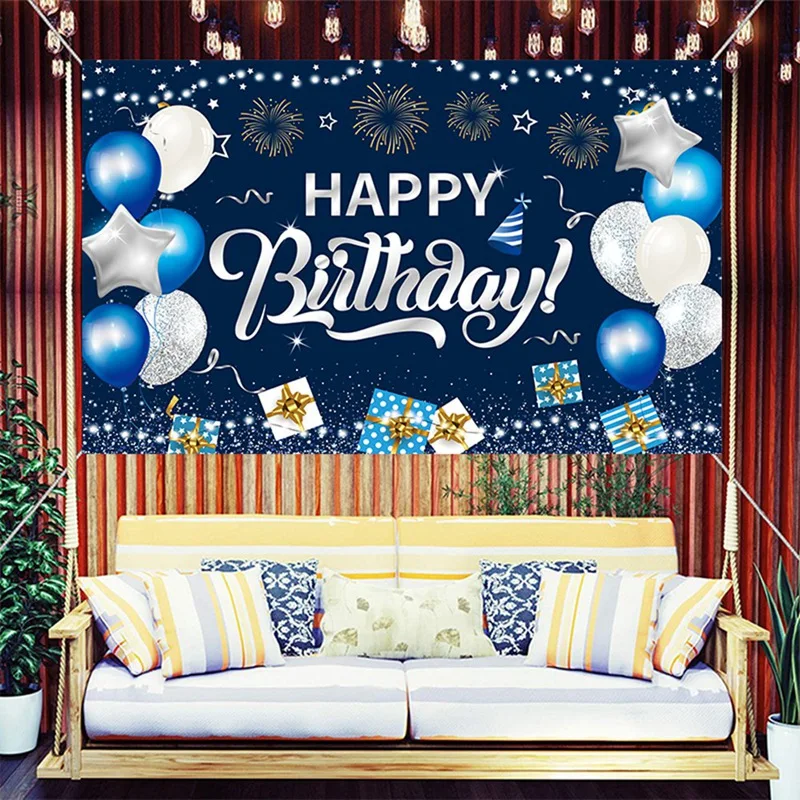 115X180cm Happy Birthday Photography Backdrop Blue Glitter Balloon Birthday Party Photo Background Photography Cloth, Durable