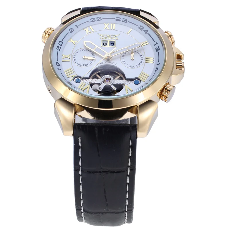 Fashiong Jaragar Top Brand Alloy Automatic Mechanical Casual Tourbillon Roman Scale Calendar Genuine Leather Belt Wrist Watches