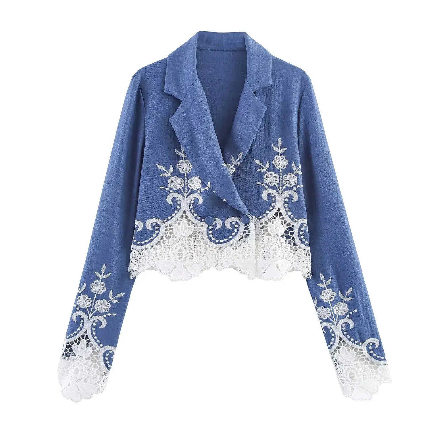 Hollow Embroidery Women' Suit Jacket 2026 Autumn Long Sleeve Notched Streetwear Coats American Style Blue Office Lady Tops