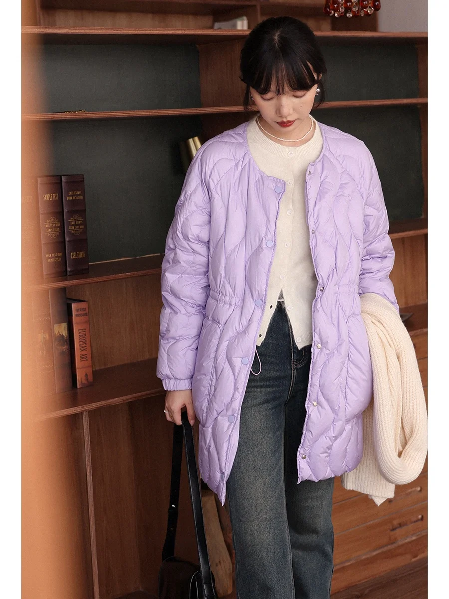 

Warmth Filled Coat Korean Sle Waist Cinched down Jaet with Matching Scarf Stitched Ss Long Sve round Ne mid Length