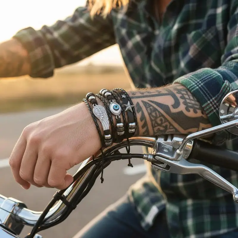 Boho Mehrschichtige Lederarmbänder, Charm-Perlen-Armband für Damen und Herren, Vintage Punk Wrap-Set – Detail 6