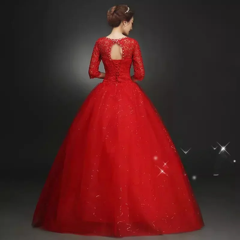 Red Wedding Dresses Lace Crystal V-neck Half Sleeves Sequins Bling Sequins Tulle Princess Floor-length Plus size Bride Ball Gown