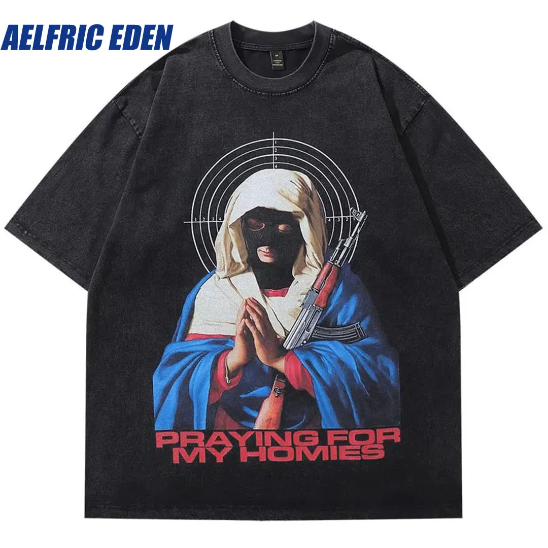 Aelfric Eden Vintage Oversized Tee Shirts Streetwear Funny Virgin Mary Gun Graphic Punk Gothic Tshirt Hip Hop Loose Cotton Tops