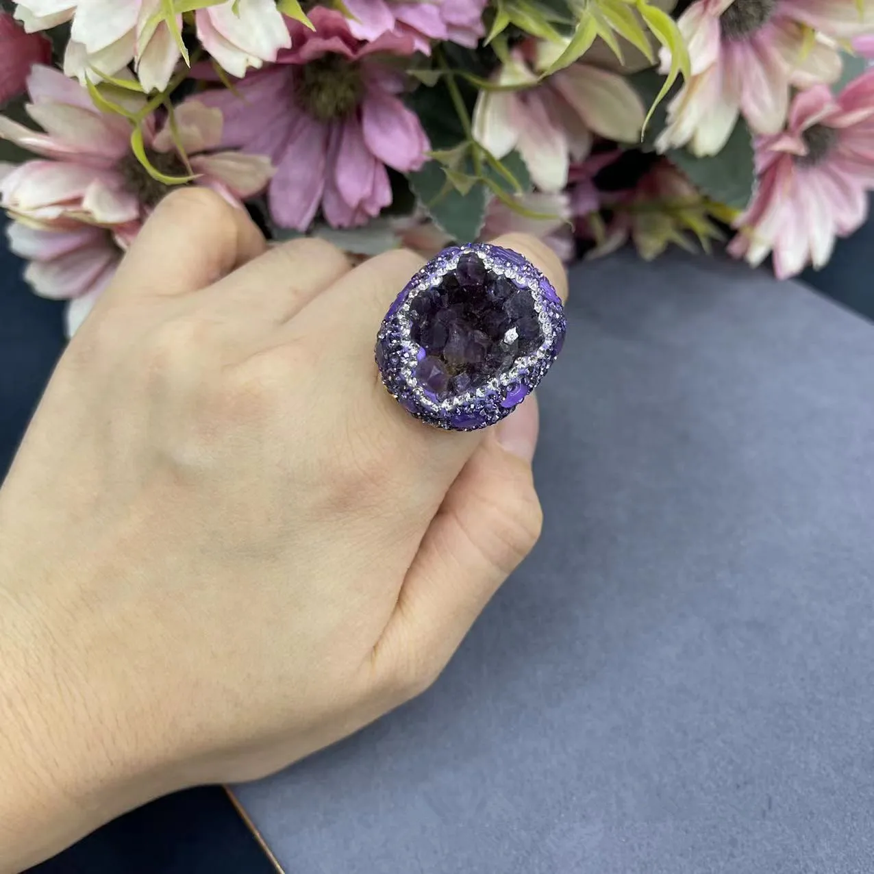 Natural Amethyst Rhinestone Rough Stone Ring Personality Fashion Women\'s Wedding Banquet Finger Jewelry