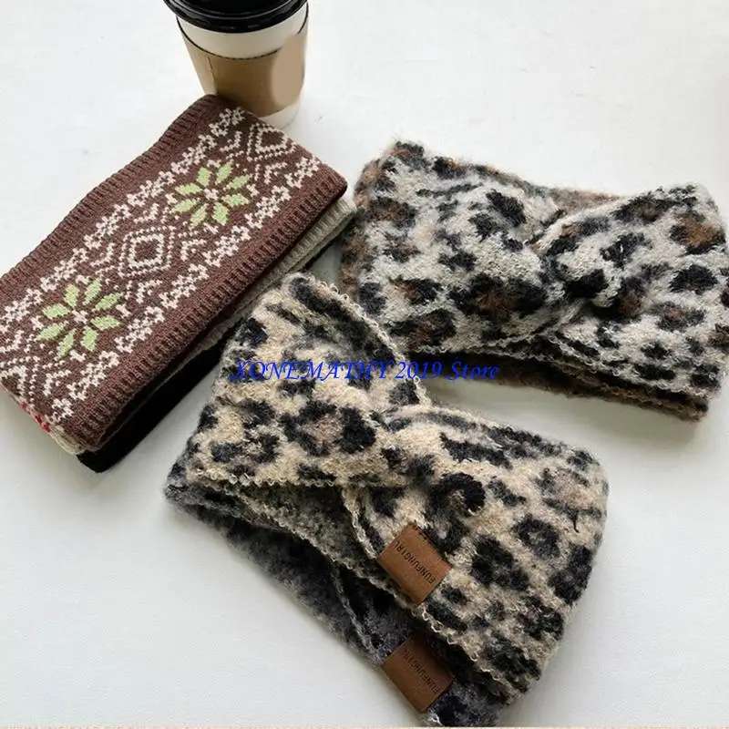 

F42F Эластичный вязаный головной убор с леопардовым принтом, мягкая повязка для волос, безопасная модная
