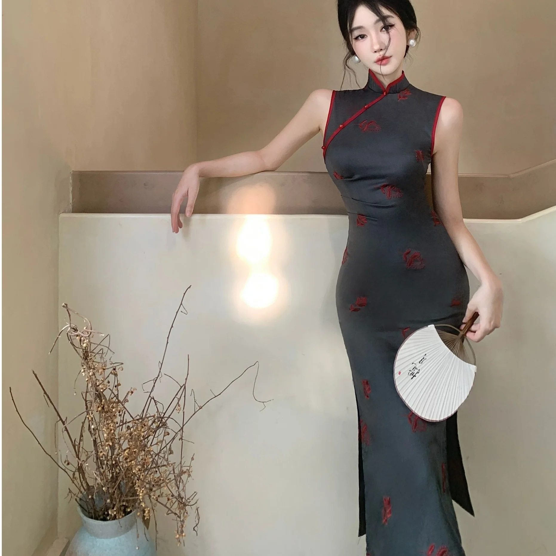 

Retro Sle High Slit Long Qipao Dr Women's Svel Embroidered Floral Waist Cinched Split Skirt Chinese Traditional Fa...