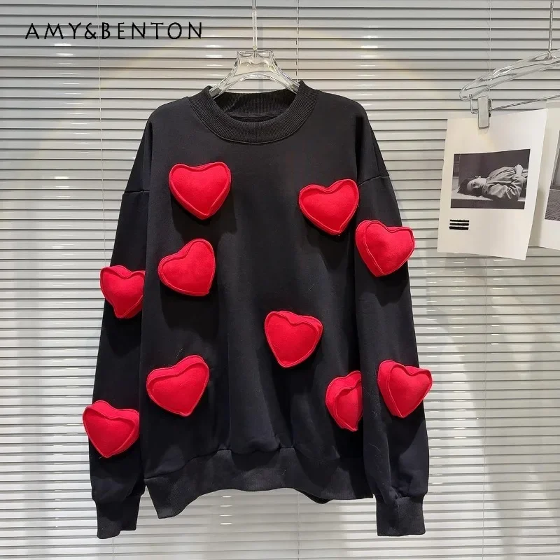 

2024 Winter New Personalized Fashion Three-dimensional Red Love Design Loose Soft Girl Sweatshirt Top O-neck Pullovers Female