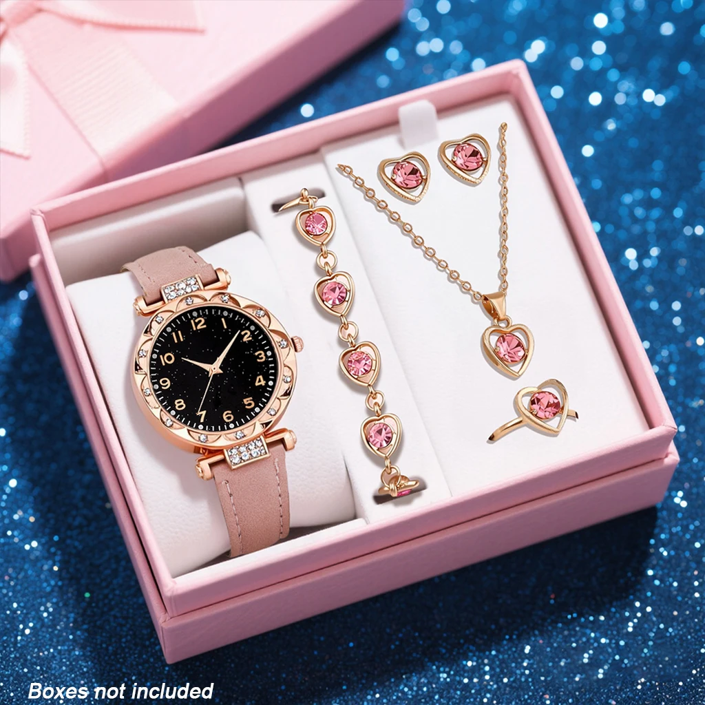 6PCS Sweet, Simple, Fashionable Women's Watch PU Leather Strap Quartz Watch with Necklace Accessories Set