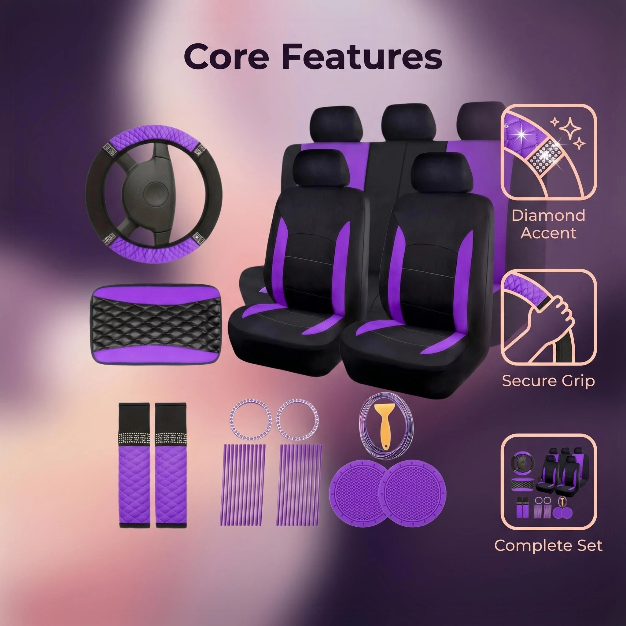 Luxury Ladies Car Interior Decor Bundle, Hot-Fix Rhinestone Puff Leather Steering Wheel Cover, Polyester Seat Suite, Armrest Cover, Seat Belt Pads, Cup Coasters, Air Outlet Strips, Ignition Button Ring Stickers, Universal Auto Accessories