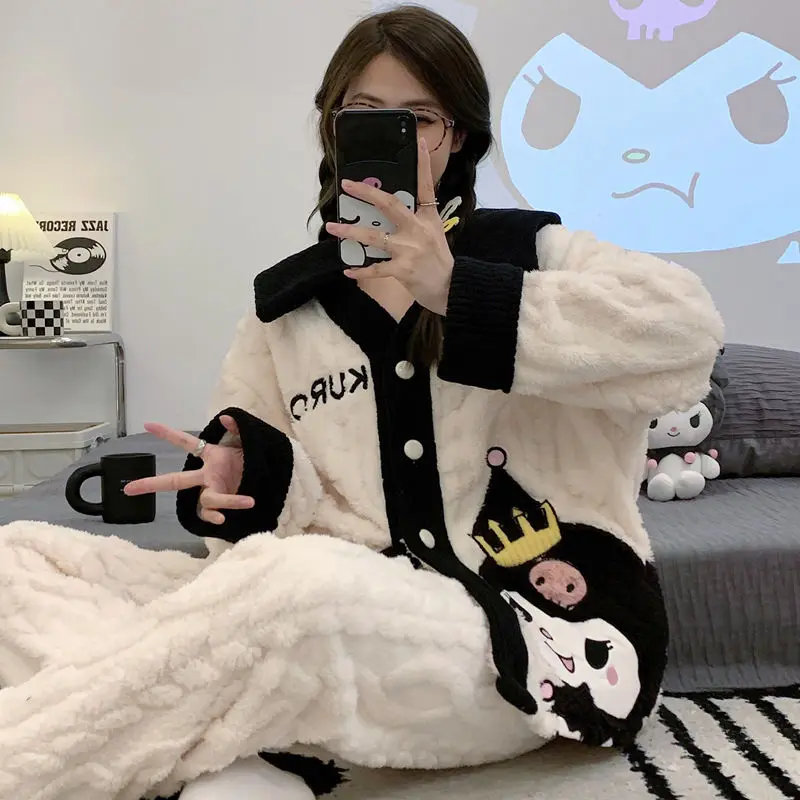 

Sanrio Pajamas 2Pcs Kuromi New Style Coral Velvet Home Clothing Versatile Autumn and Winter Thickened Fashion Outdoor Wear Set
