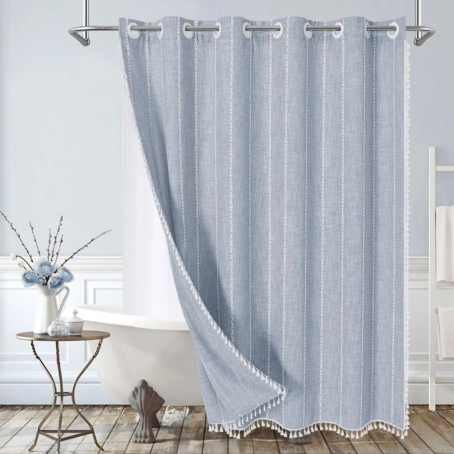 

No Hooks Required Boho Farmhouse Shower Curtain with Snapin Liner, Cotton Linen Fabric Shower Curtains with Tassels for Rustic N