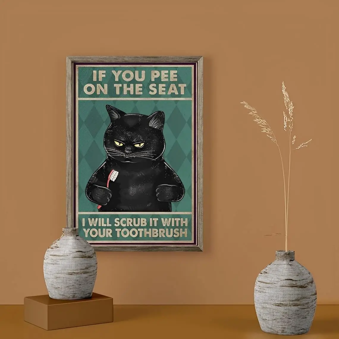 If You Pee On The Seat I Will Scrub It with Your Toothbrush, Funny Black Cat Bathroom Wall Art Retro Wall Decor Man Cave Home Pu